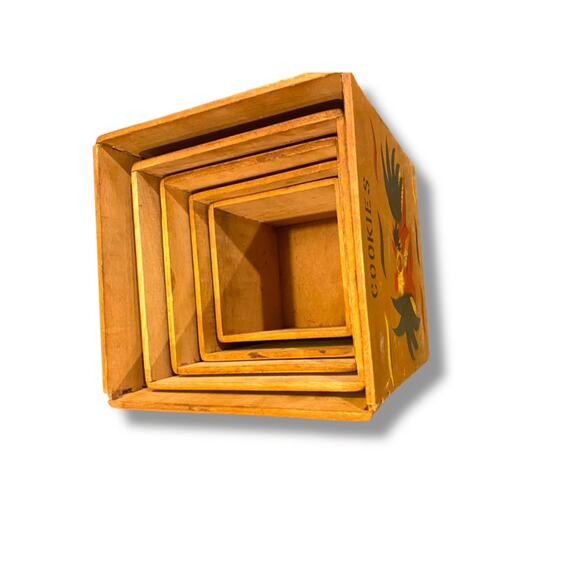 Set of 5 Nesting Wooden Canisters Vintage Rooster Cookies Flour Sugar Coffee Tea - Picture 6 of 8